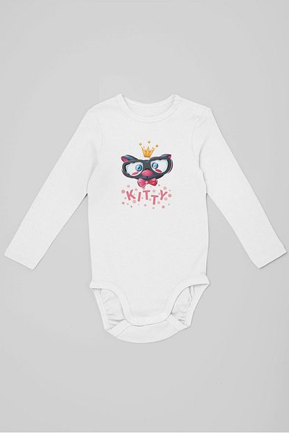 Angemiel Baby Kral Taci Giyen Gozluklu Kedi Kiz Bebek Uzun Kollu Zibin Beyaz Trendyol
