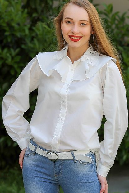 Chiccy Kadin Beyaz Vintage Fisto Yaka Volan Detayli Gomlek M10010400gm99537 Trendyol