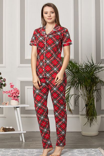 Miss Melina Kisa Kollu Boydan Dugmeli Ekoseli Kirmizi Pijama Trendyol