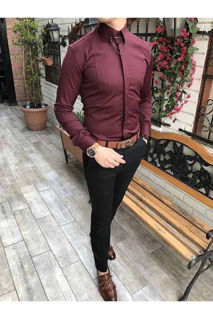 Terziademaltun Erkek Bordo Italyan Kesim Slim Fit Saten Zincirli Gomlek T4099 Trendyol