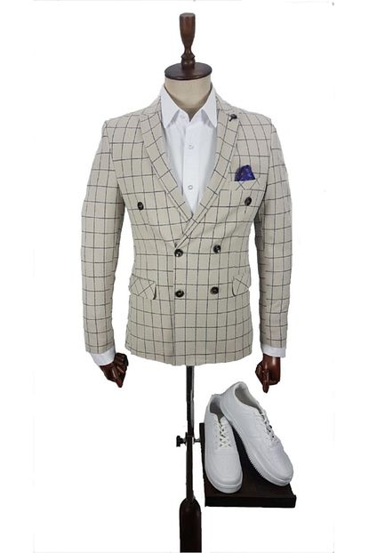 Yenirengin Erkek Slim Fit Mavi Kareli Kruvaze Blazer Ceket Trendyol
