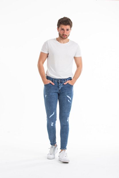 Denim Man Erkek Mavi Yirtik Skinny Jeans Trendyol