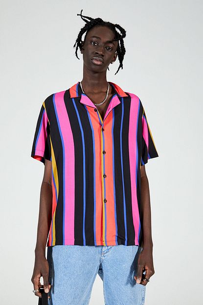 Pull Bear Erkek Neon Fusya Fusya Cizgili Gomlek 09474909 Trendyol