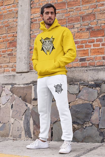 Angemiel Wear Motifli Tilki Erkek Esofman Takimi Sari Kapsonlu Sweatshirt Beyaz Esofman Alti Trendyol