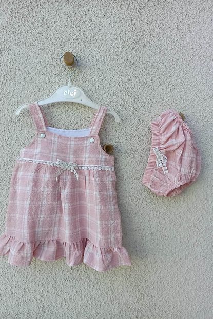Elci Kiz Bebek Pembe Askili Kareli Kulotlu Elbise 3 6 9 Ay Trendyol