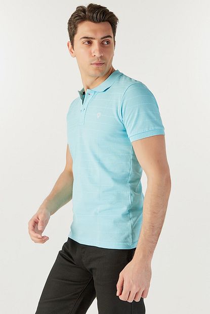 Fulla Moda Erkek Kendinden Cizgili Polo Yaka Buz Mavi Tshirt Trendyol