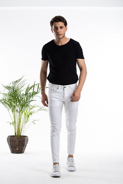 Modamesto Erkek Beyaz Skinny Fit Likrali Bilek Ustu Kot Pantolon Trendyol