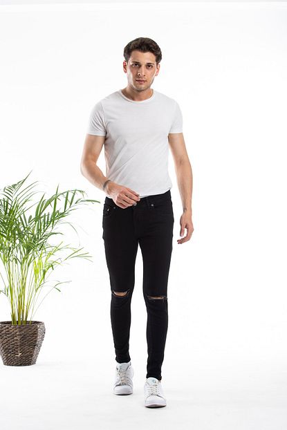 Modamesto Erkek Siyah Skinny Fit Likrali Bilek Ustu Kot Pantolon Trendyol