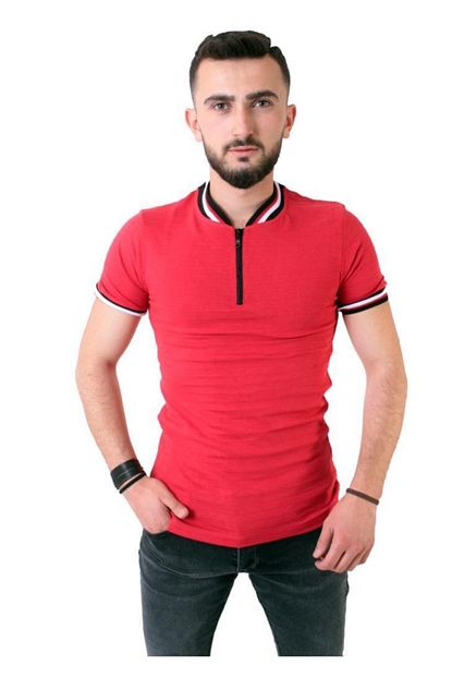 Stil Kombin Erkek Kirmizi Fermuarli Hakim Yaka Tisort Trendyol