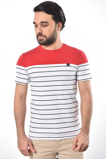 Liwali Kirmizi Siyah Cizgili Erkek Bisiklet Yaka T Shirt Trendyol