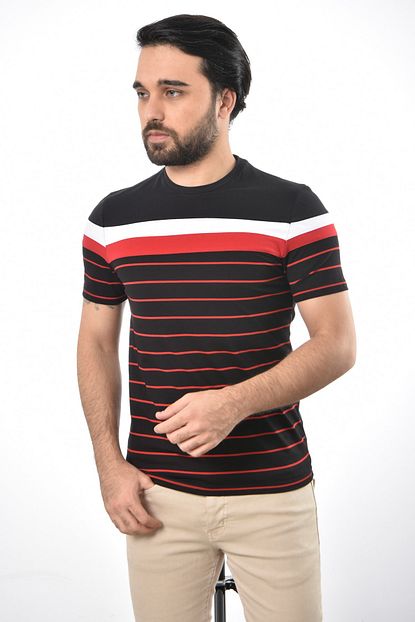 Liwali Siyah Kirmizi Cizgili Erkek Bisiklet Yaka T Shirt Trendyol