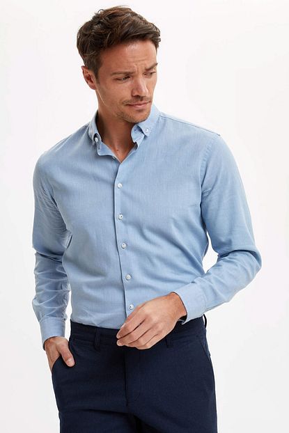Defacto Erkek Mavi Keten Gorunumlu Uzun Kollu Modern Fit Gomlek N5730az 20sm Be196 Trendyol