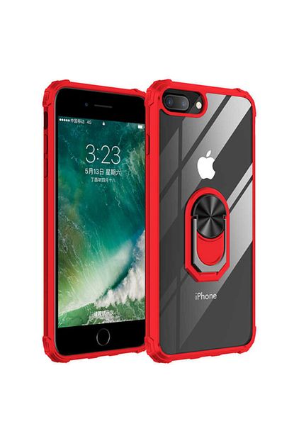 Apple Iphone 7 Plus Kilif Yuzuklu Stand Olabilen Ortasi Seffaf Kapak Kirmizi Ekran Koruyucu Cam Trendyol