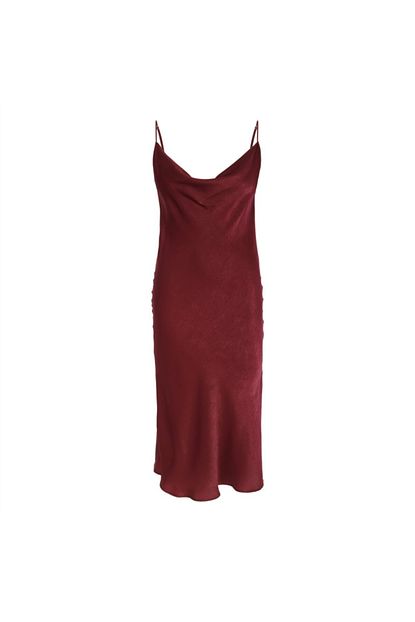 Mudo Kadin Bordo Yirtmacli Saten Midi Elbise Trendyol