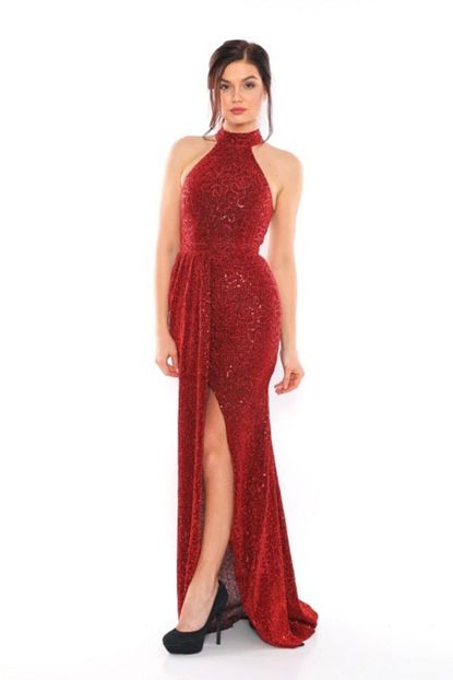 Layla Collection Kadin Kirmizi Derin Yirtmacli Payetli Balik Abiye Trendyol