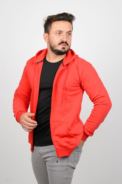 Edwox Erkek Kirmizi Fermuarli Kapsonlu Cepli Sweatshirt Trendyol