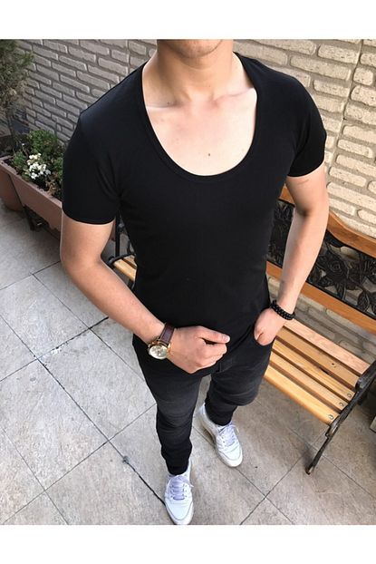 Terziademaltun Erkek Siyah Italyan Stil Derin Acik Yaka Kisa Kol Basic T Shirt Trendyol