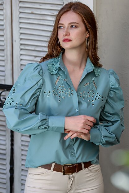 Chiccy Kadin Mint Vintage Dantel Yakali Fisto Detayli Balon Kol Gomlek M10010400gm99493 Trendyol