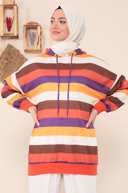 Moda Gulay Kadin Renkli Kapsonlu Sweatshirt Trendyol