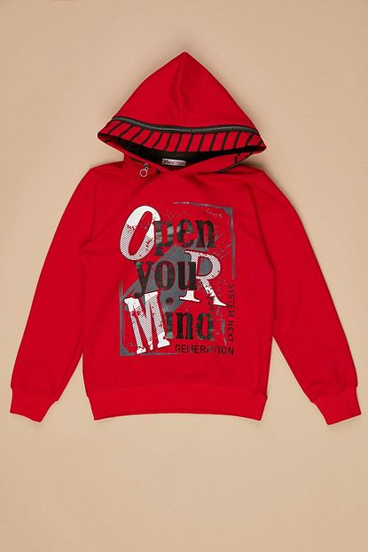 Fulla Moda Erkek Cocuk Kirmizi Yazi Baskili Kapusonlu Sweatshirt Trendyol