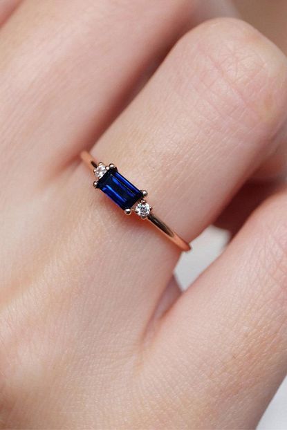 My Diamond Baget Safir Tasli Ve Pirlantali Altin Yuzuk Minimal Tarz Trendyol
