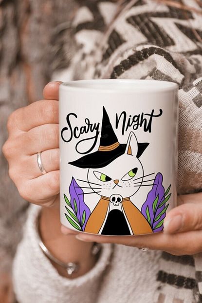 scary night kedi vektorel cizim baskili kupa