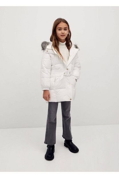 Mango Kids Kiz Cocuk Beyaz Kapusonlu Suni Kurklu Kapitoneli Palto Trendyol