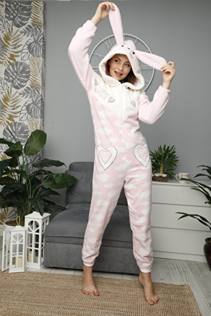 Tekten Kadin Pembe Kulakli Kapusonlu Kulakli Polar Tulum Pijama Trendyol