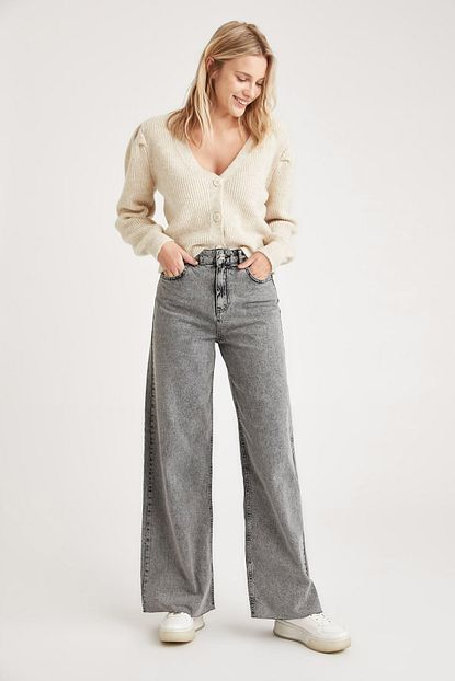 Defacto Kadin Grey Wide Leg Yikamali Jean Pantolon T4979az20au Trendyol