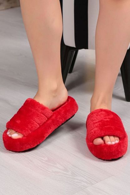peluche kadin kirmizi kalin tabanli yumusak ev terligi fiyati yorumlari trendyol