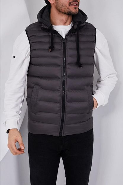 unisex gri boncuk dolgu kapusonlu sisme yelek