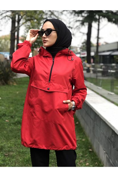 kadin kirmizi parasut kumas sweatshirt