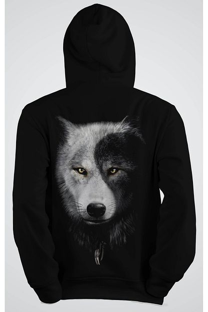 unisex siyah kapsonlu wolf 4 sirt desenli sweatshirt