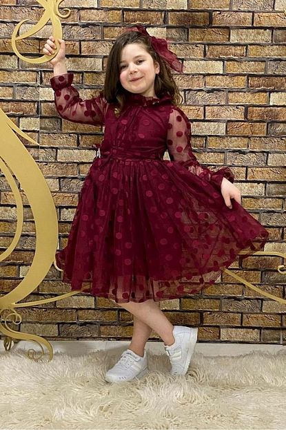 Mnk Kiz Cocuk Bordo Iri Puantiyeli Dantel Elbise Trendyol