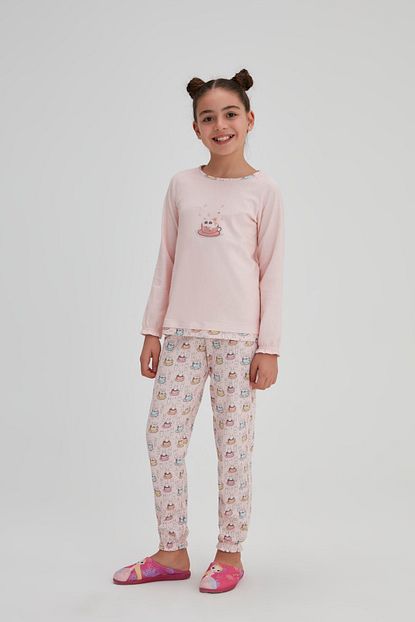 Dagi Kiz Cocuk Pembe Interlok Tavsan Baskili O Yaka Pijama Takimi Trendyol