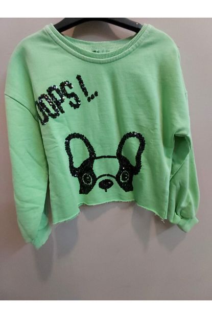 Glory Kids Kiz Cocuk Yesil Pul Palet Ile Islenmis Kopek Figurlu Sweatshirt Trendyol