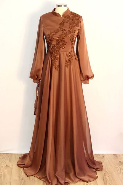Modgrey Onu Islemeli Sifon Tesettur Abiye Bakir Trendyol
