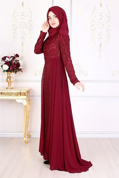 Feiza Collection Kadin Payetli Tesettur Abiye Elbise Bordo Trendyol