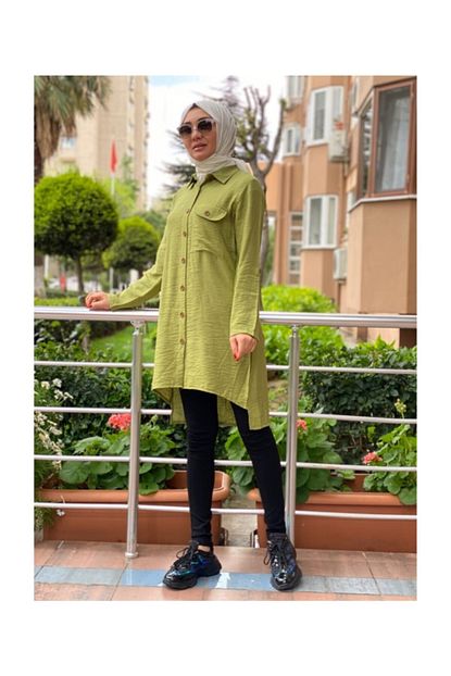 Modayns Kadin Yesil Renkli Cepli Tunik Gomlek Trendyol