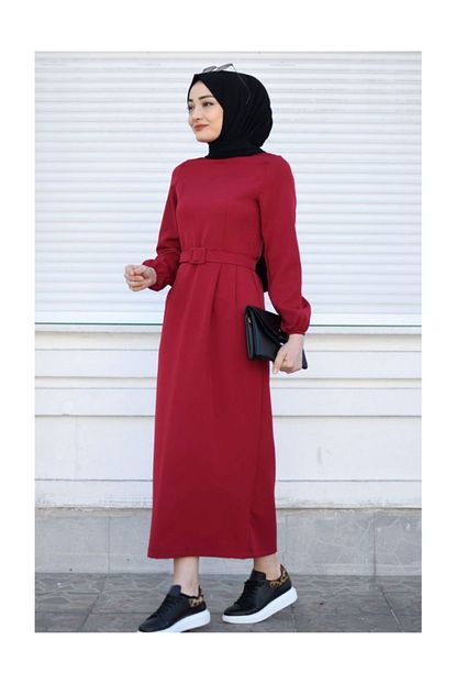 Modamafra Kemerli Kalem Tesettur Elbise Bordo Trendyol