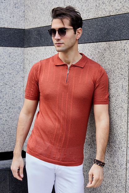 Sateen Men Erkek Kiremit Ajurlu Fermuarli Kisa Kol Triko Stn335etr101 Trendyol