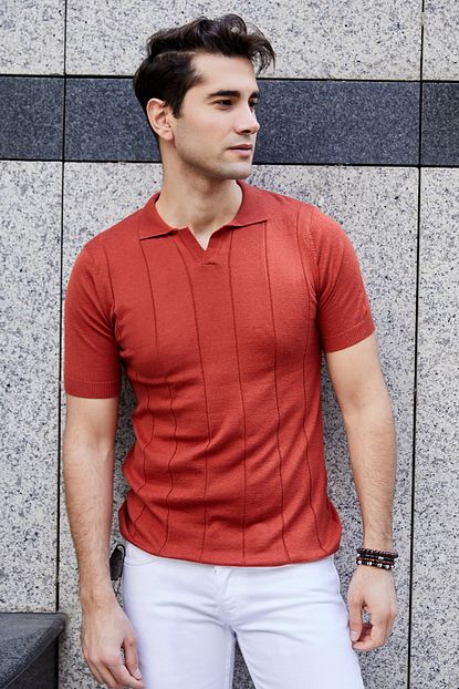 Sateen Men Erkek Kiremit Kalin Fitilli Kisa Kollu Polo Yaka Triko Stn335etr123 Trendyol