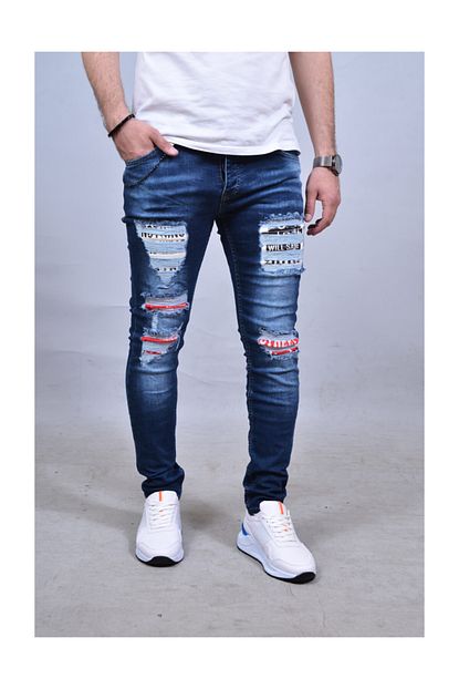 Redman Jeans Baski Ve Zincir Detayli Cepli Yirtik Slim Fit Erkek Kot Pantolon Trendyol