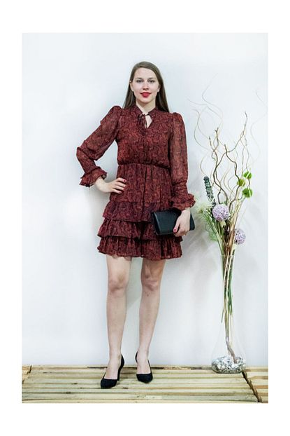 Prego Kirmizi Sal Desenli Sifon Elbise Trendyol