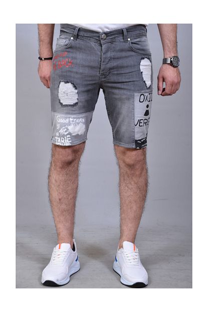 Redman Jeans Baskili Yazi Ve Yirtik Detayli Slim Fit Fume Erkek Kot Sort Bermuda Trendyol