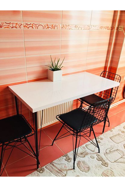 Gunes Metal Ayakli Parlak Beyaz Mdf Panel Dekoratif Mutfak Masasi 60x120 Cm Trendyol