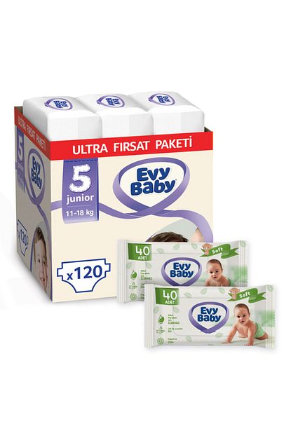 Evy Baby Bebek Bezi 5 Numara Junior 120 Adet Ve 2 Paket Islak Hvl Trendyol