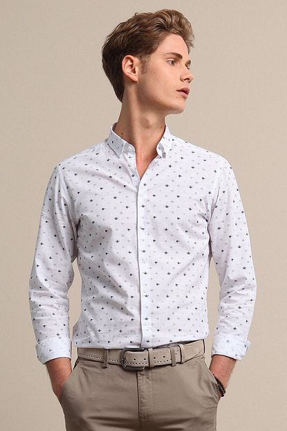 Kip Erkek Beyaz Baskili Dokuma Uzun Kollu Gomlek Kp10118993 Trendyol