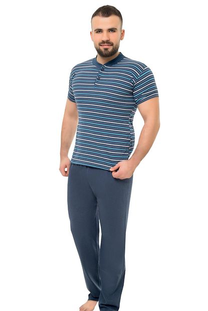 Tampap 100 Pamuk Kisa Kollu Mavi Cizgili Erkek Pijama Esofman Takimi Trendyol