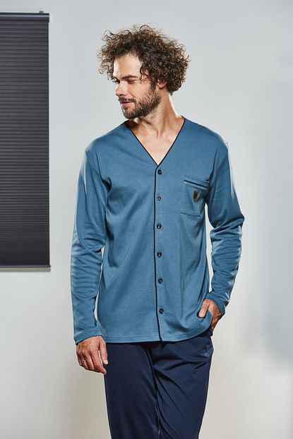 Pjs Erkek Indigo Dugmeli Pijama Takimi Trendyol
